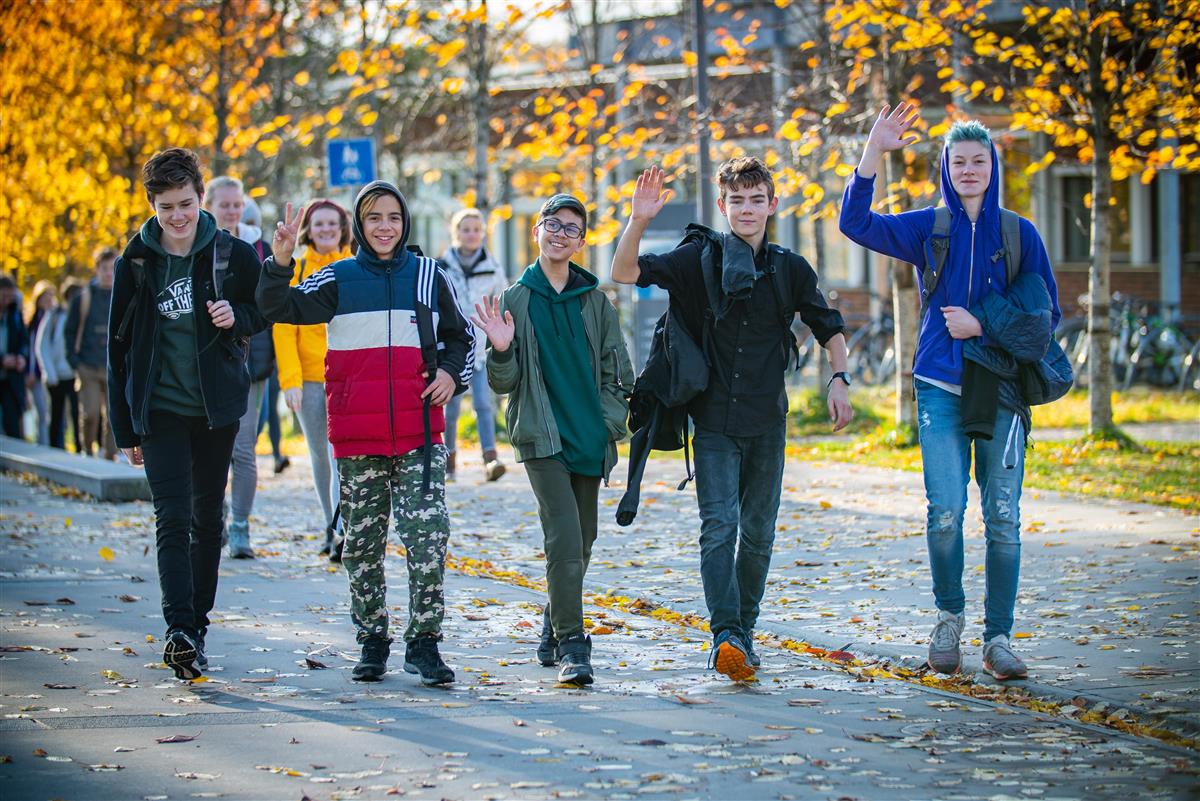 Fem unge gutter som hilser - Klikk for stort bilde