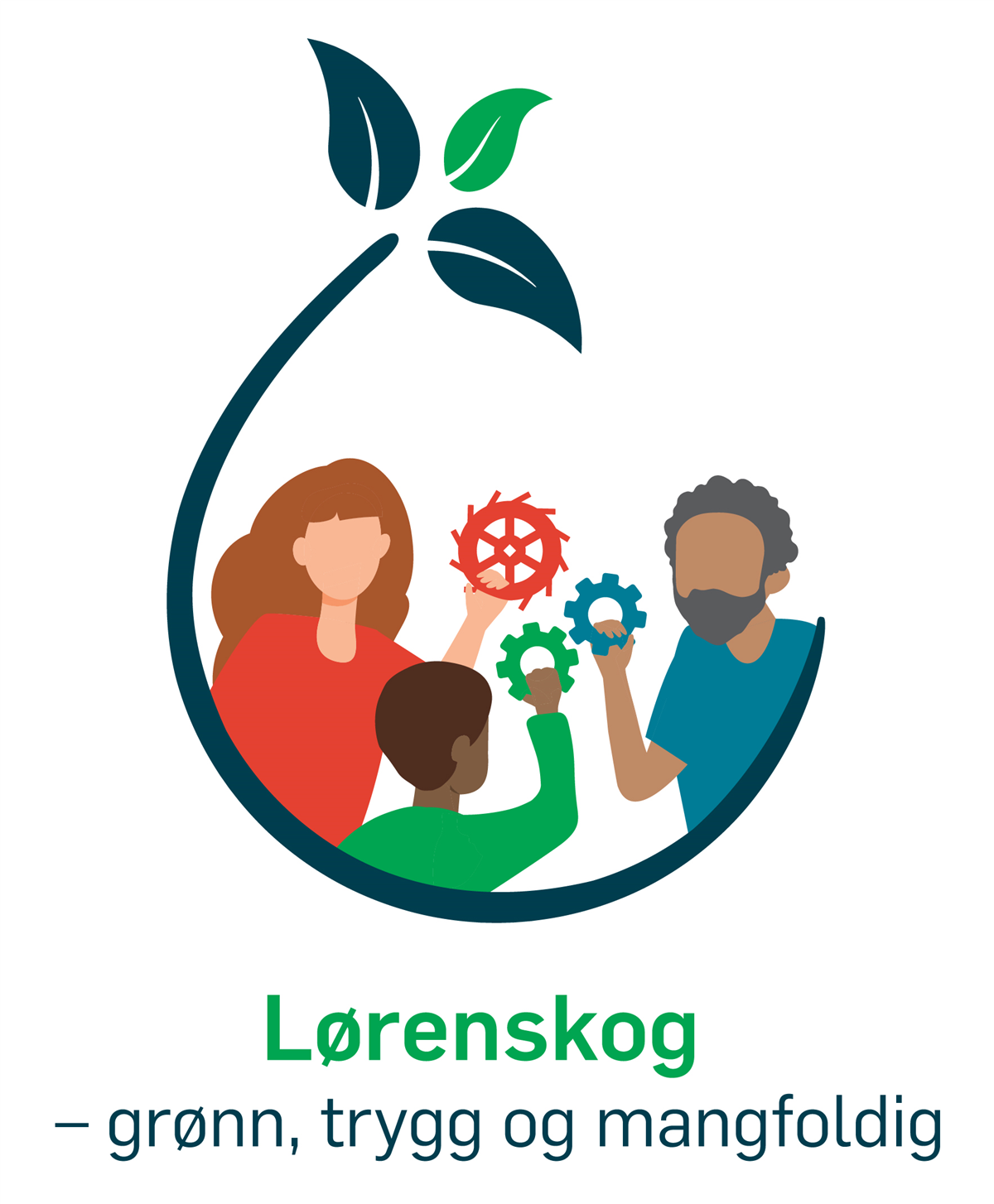 Illustrasjon av visjon. Tre mennesker som holder kommunevåpenet i en halvsirkel formet som et blad. - Klikk for stort bilde