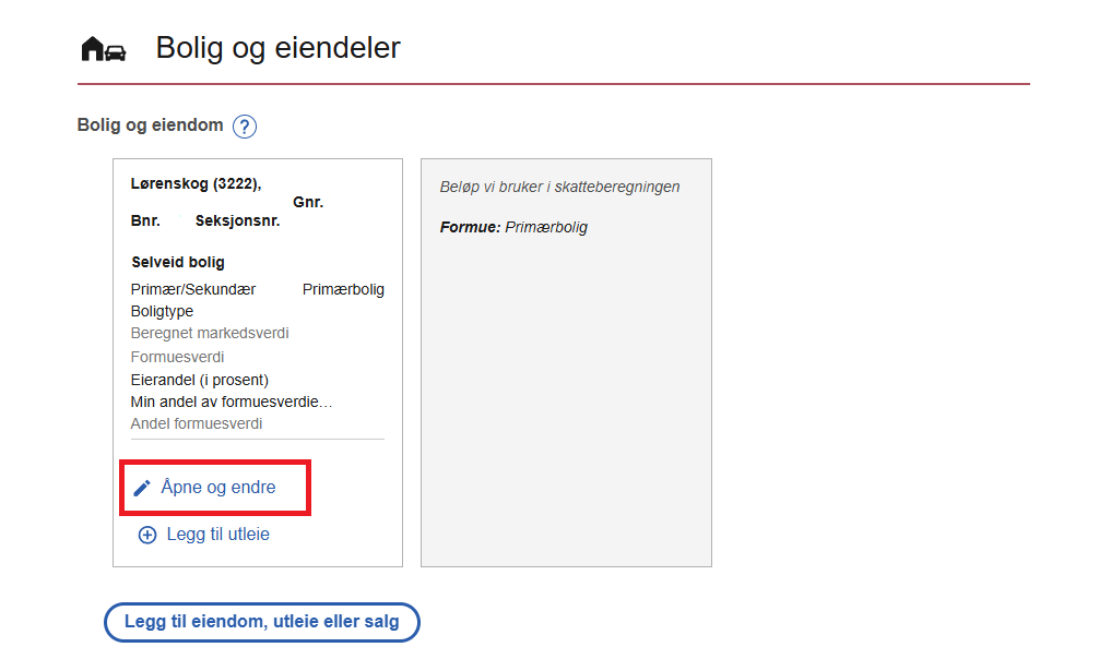 Skjermbilde som viser knappen for å endre boliginformasjon hos Skatteetaten - Klikk for stort bilde
