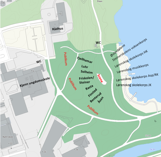 Kart som viser oppstilling av barneskoler og korps i rådhusparken - Klikk for stort bilde