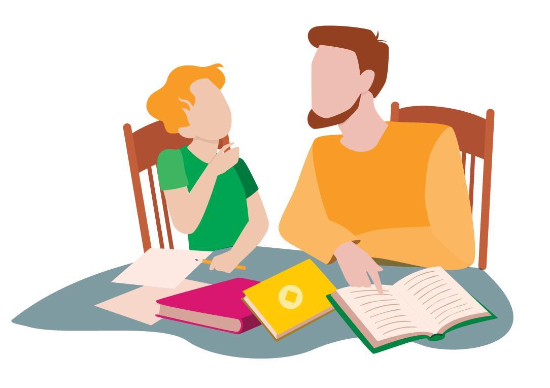 Illustrasjon av far og barn som gjør lekser - Klikk for stort bilde