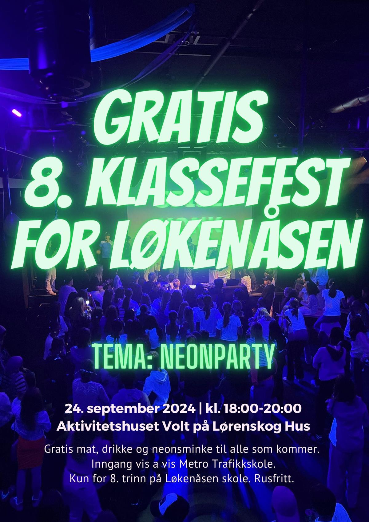 Plakat med informasjon om Neonparty - Klikk for stort bilde