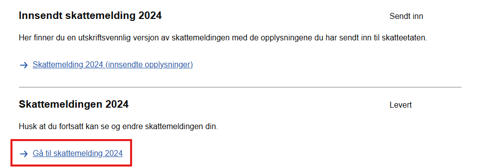 Skjermbilde som viser lenka til skattemelding 2024 - Klikk for stort bilde