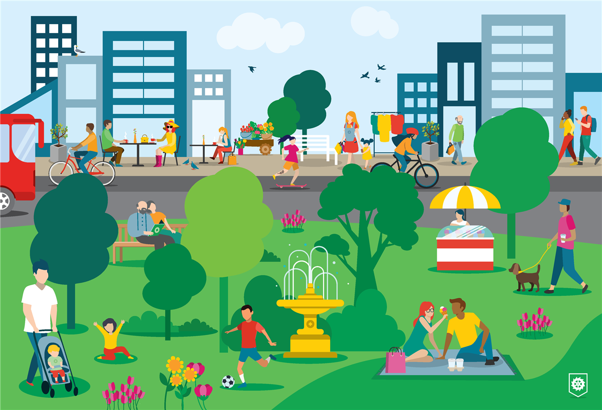 Illustrasjon av et sentrumsområde med yrende folkeliv, park, grønt, trær, buss, bygninger osv. - Klikk for stort bilde
