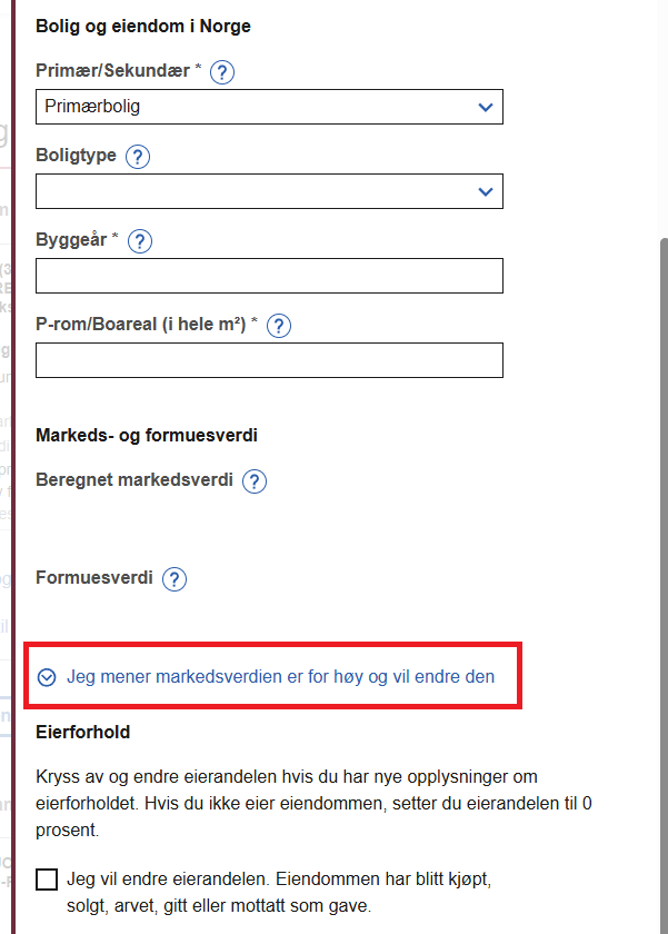 Skjermbilde som viser hvor du må trykke for å justere markedsverdien - Klikk for stort bilde