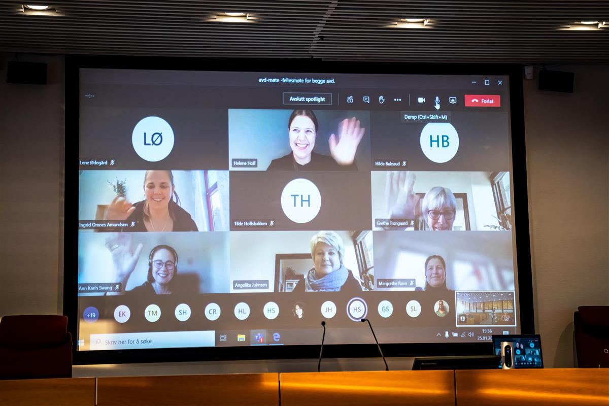 Skjerm med deltakere i digitalt møte - Klikk for stort bilde