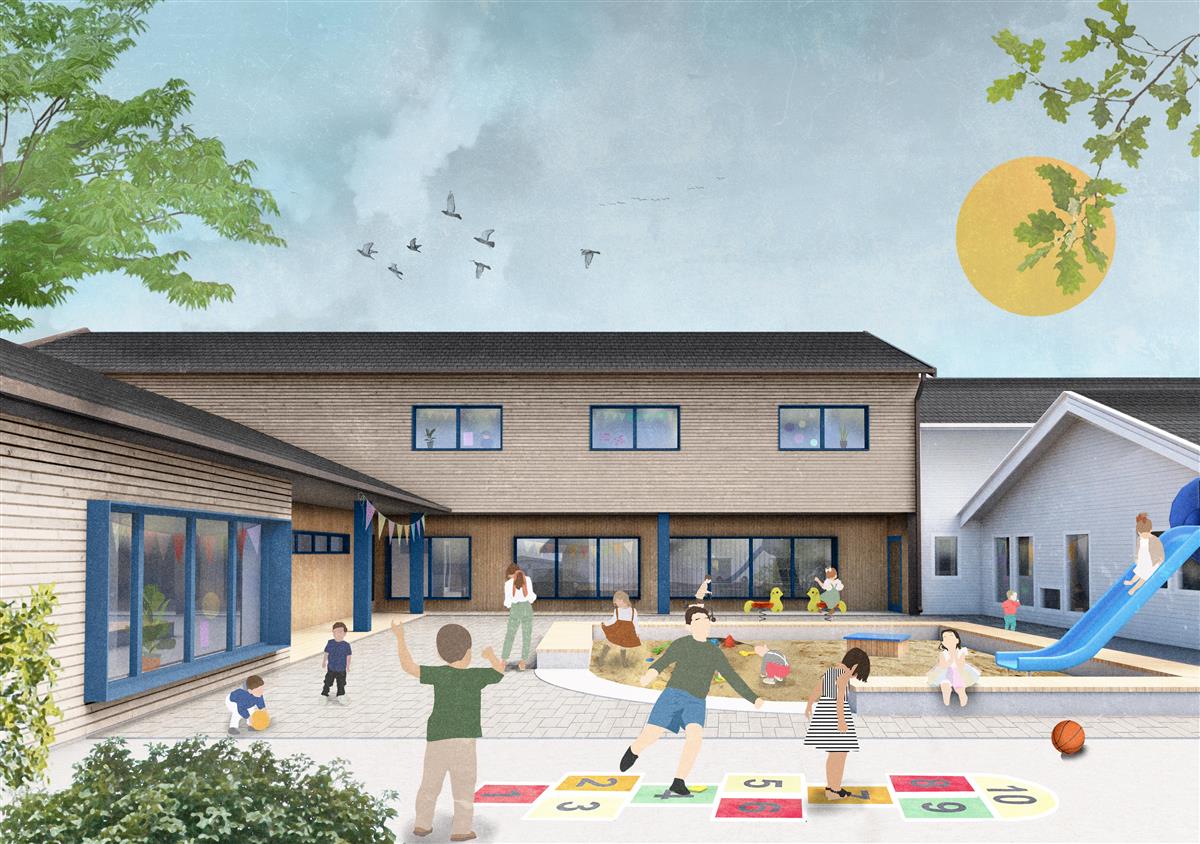 Illustrasjon av det nye bygget til Grønlia barnehage. - Klikk for stort bilde