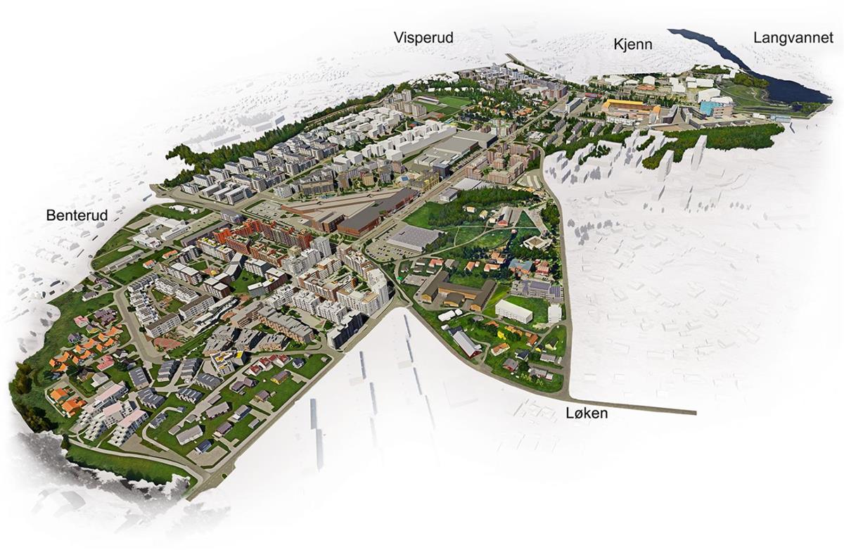 Kart av utbyggingsprosjektene i Lørenskog sentrum - Klikk for stort bilde