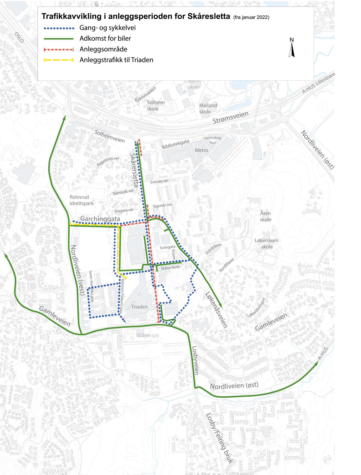 Kartet viser hvordan du kan komme deg fram i Lørenskog sentrum mens arbeidene med Skårersletta pågår. - Klikk for stort bilde