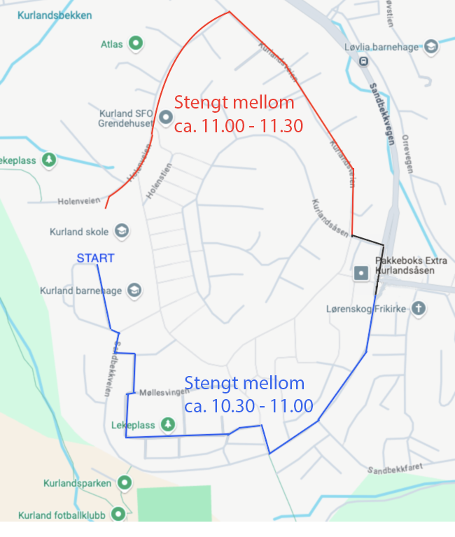 Stengte veier 17. mai på Kurland - Klikk for stort bilde