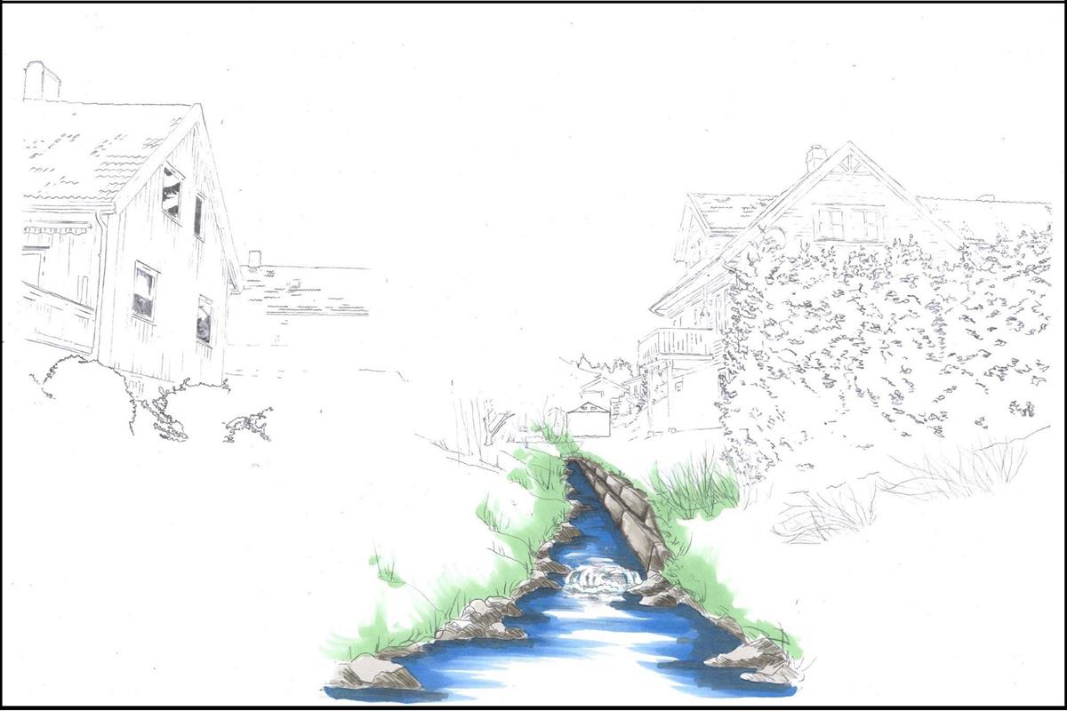 Illustrasjonstegning Åpning av Grønlibekken og nye vann- og avløpsledninger  - Klikk for stort bilde