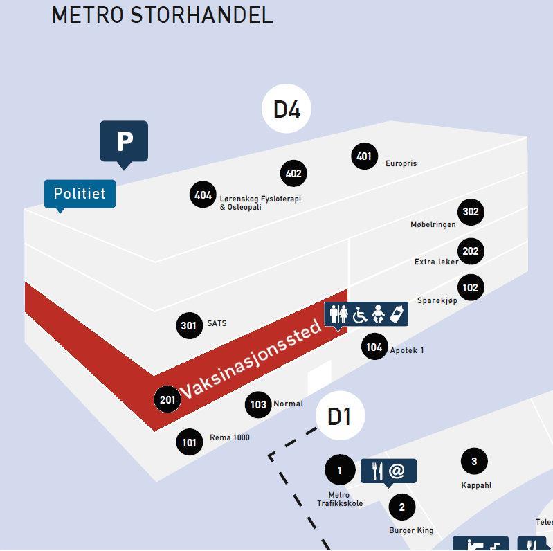 Vaksineringen skjer i Kulturhusgata 2 på Metro Storhandel, i 2. etasje til venstre for inngangen. - Klikk for stort bilde