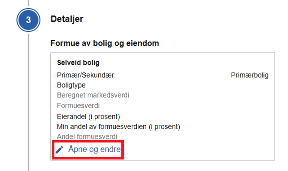 Skjermbilde som viser detaljer om bolig og eiendom og knappen du skal trykke på - Klikk for stort bilde