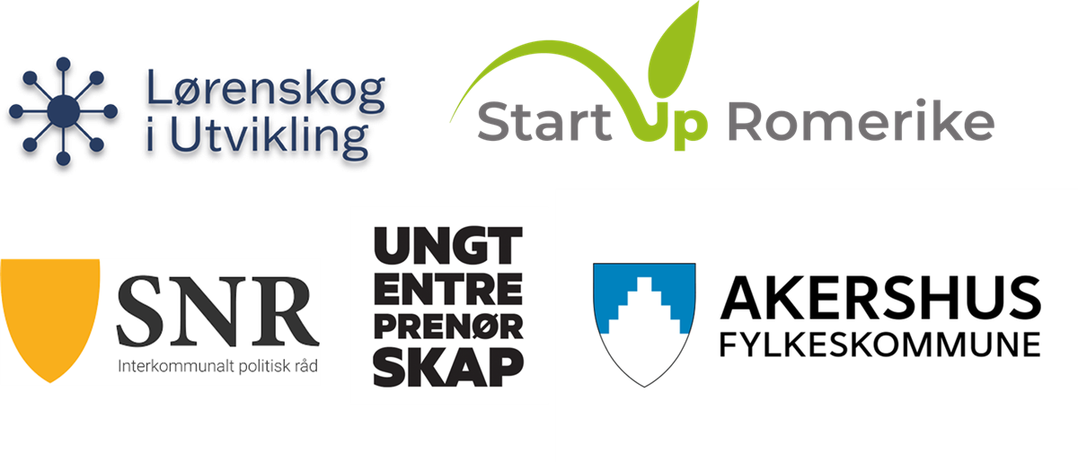 Logo til samarbeidspartnerne: Lørenskog i utvikling, Start up Romerike, SNR, Ungt entreprenørskap, Akershus fylkeskommune - Klikk for stort bilde