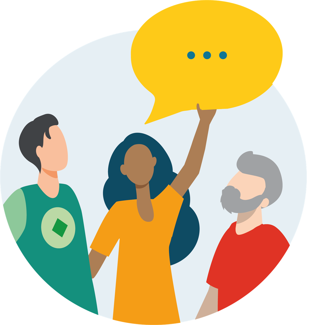 Tegning av tre personer og snakkeboble - Klikk for stort bilde