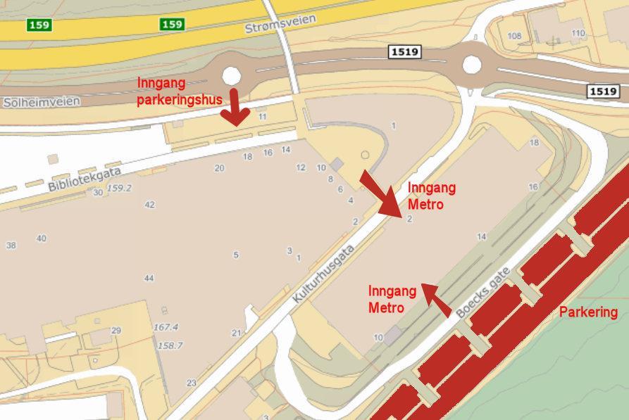 Kart over innganger til Metro Storhandel og parkeringsmuligheter. - Klikk for stort bilde