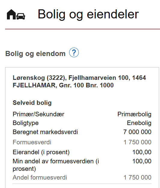 Skjermbilde av skattemelding, hvordan markedsverdi for bolig ser ut - Klikk for stort bilde