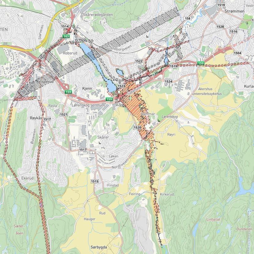 Kart som viser henynssoner flom og høyspent til planforslag kommuneplanens arealdel - Klikk for stort bilde